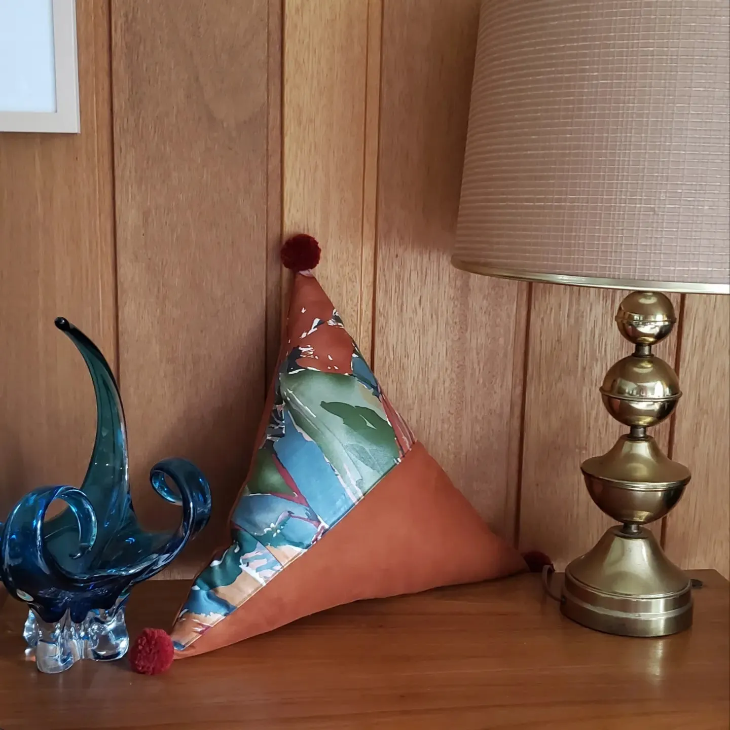 Abstract Rust Floral PomPom Triangle Pillow