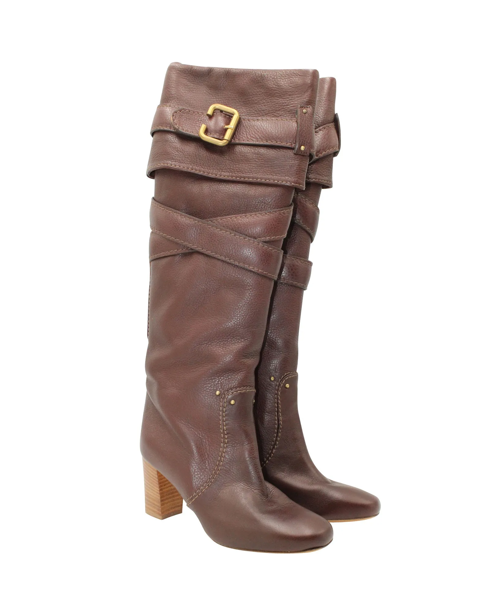 Chloe Paddington Knee Boots in Brown Leather