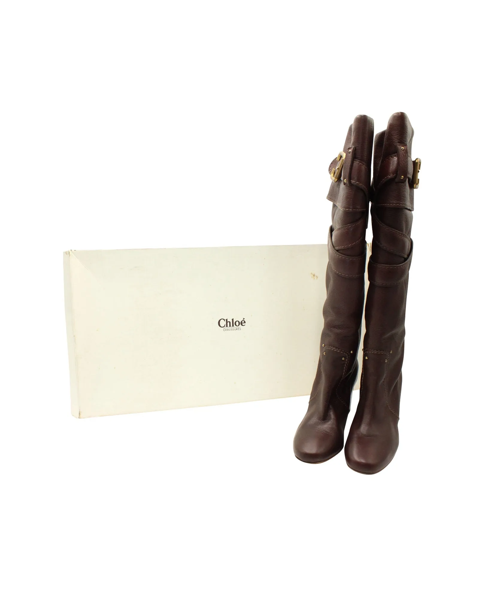 Chloe Paddington Knee Boots in Brown Leather