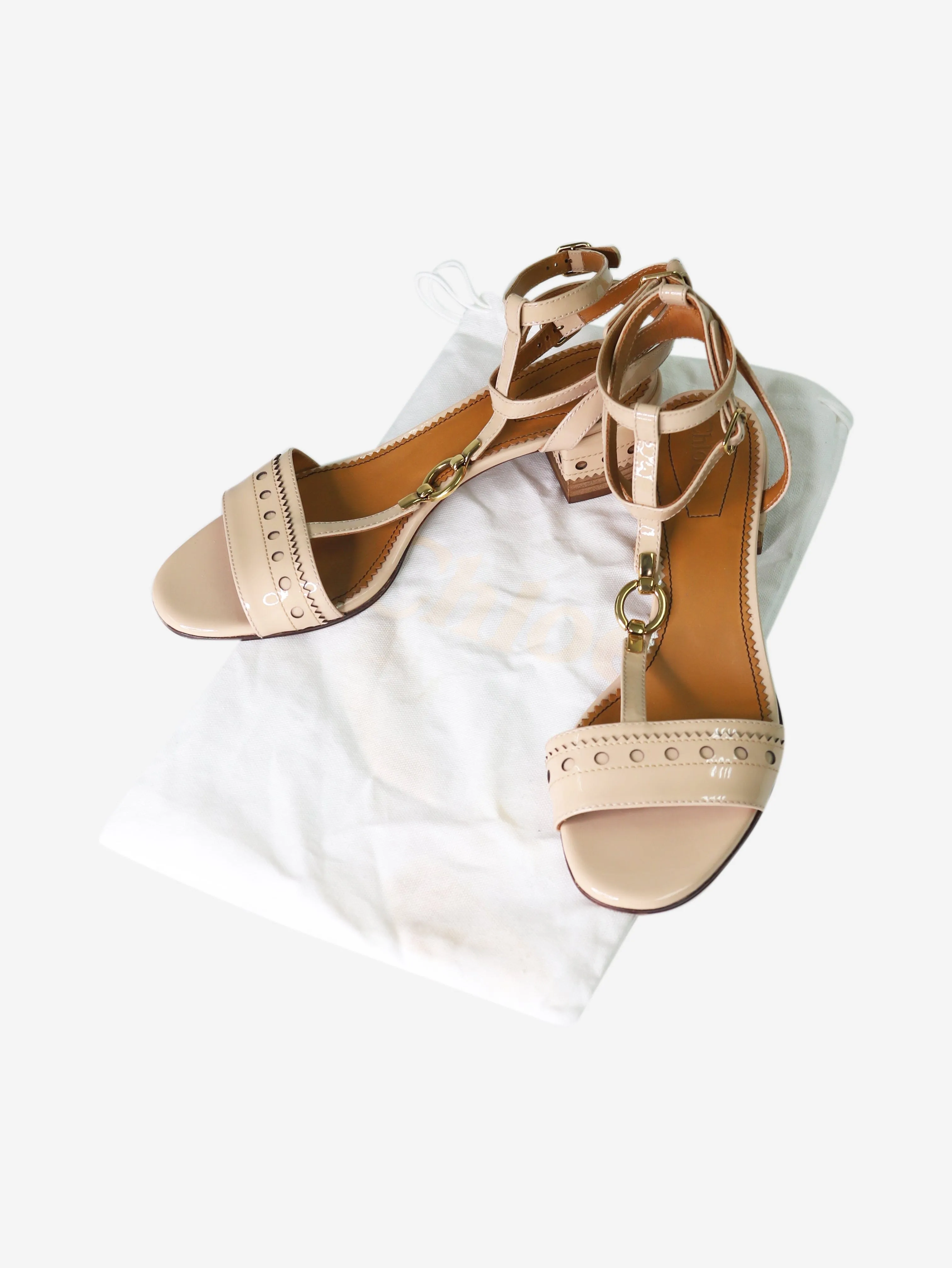 Neutral patent leather T-bar sandals - size EU 39