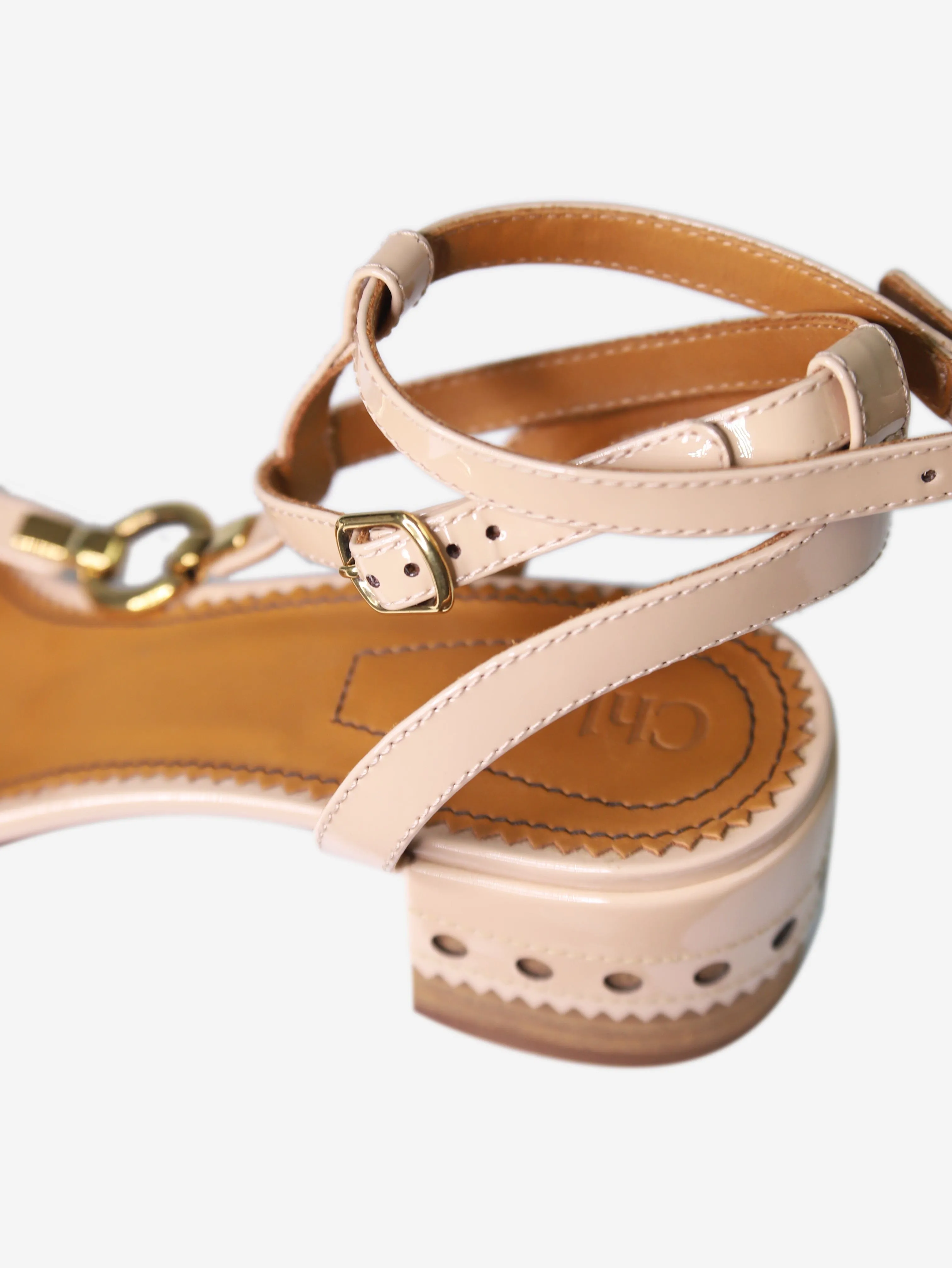 Neutral patent leather T-bar sandals - size EU 39