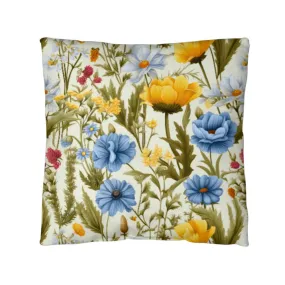 Wildflower Square Throw pillow, Blue Yellow Floral Cottagecore Style Living Room Decor